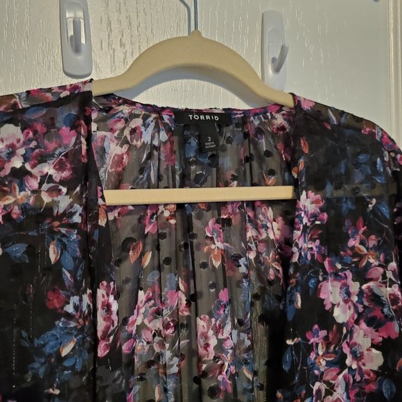 Worn Once--Black Floral Dotted Trench Duster Open-Tunic/Cardigan - Picture 11 of 15